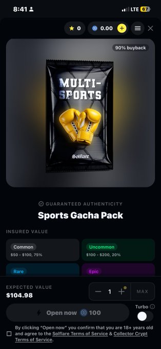 A mobile app screenshot of a digital trading card pack labeled 'MULTI-SPORTS' by Solfare, showing '90% buyback', a 'Sports Gacha Pack' title, and rarity tiers ranging from Common to Epic.