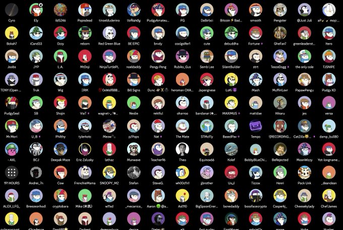 A dark grid displaying numerous circular user avatars, likely from a live streaming or chat platform, each featuring cartoon characters and accompanied by usernames underneath.