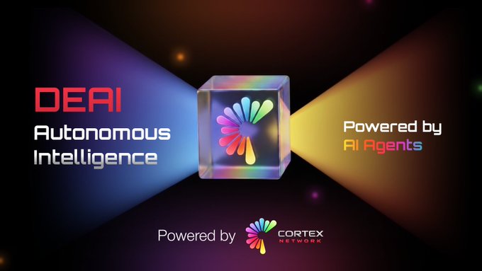 A promotional graphic for 'DEAI Autonomous Intelligence' featuring a glowing colorful cube, noting it is 'Powered by AI Agents' and 'Powered by CORTEX NETWORK'.