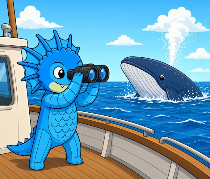 A cartoon blue dinosaur-like character stands on a boat deck holding binoculars, watching a large whale spouting water in the ocean.