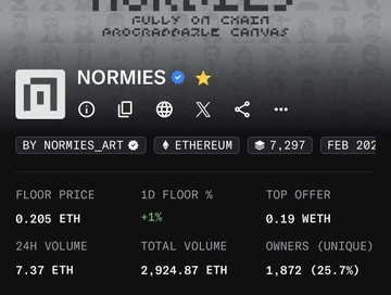 An NFT collection page for 'NORMIES' with a floor price of 0.205 ETH, a verified checkmark, and a total volume of 2,924.87 ETH by 'NORMIES_ART'.
