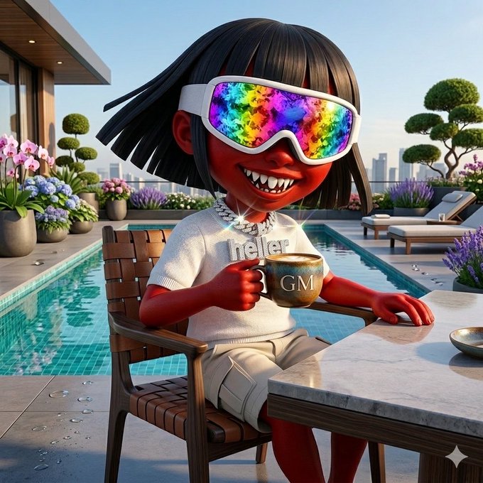A stylized 3D illustration of a character with black hair, red skin, and a wide toothy grin, wearing colorful tie-dye VR goggles, holding a 'GM' mug by a poolside.
