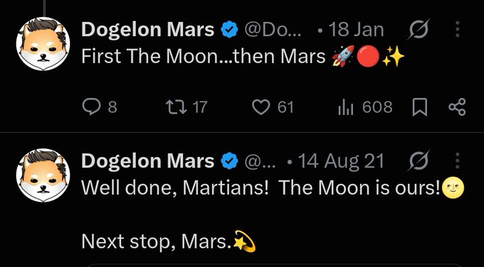Two Twitter posts from Dogelon Mars (@Do...) showing the tweets 'First The Moon...then Mars 🚀🔴✨' (Jan 18, 8 replies, 17 retweets, 61 likes, 608 views) and 'Well done, Martians! The Moon is ours! 😌 Next stop, Mars. 🪐' (Aug 14, 2021).