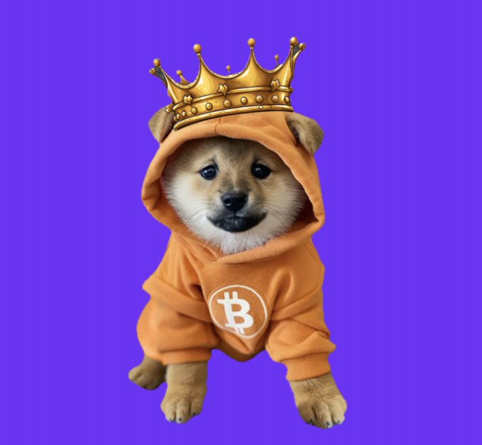 A Shiba Inu dog wearing an orange hoodie with a Bitcoin logo and a golden crown sits against a purple background.