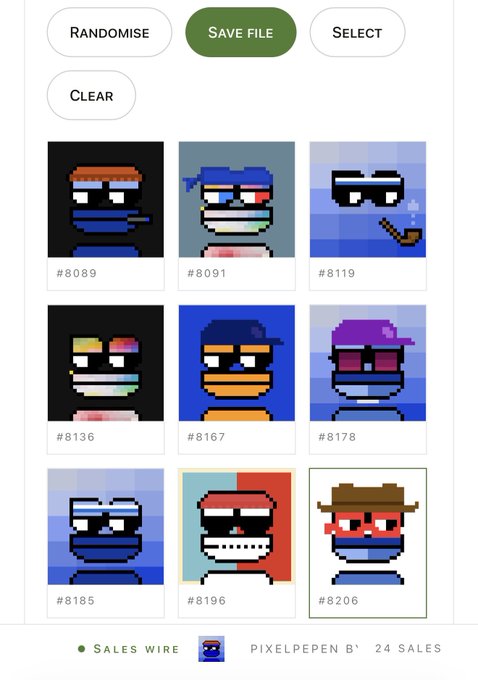 A pixel art character selection screen showing various stylized avatars numbered #8089 through #8206, labeled 'PIXELPEPEN B' with '24 SALES' and 'SALES WIRE' at the bottom.