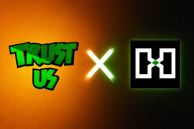 Graphic design on an orange-to-dark gradient background showing 'TRUST US' in green text, an 'X', and a black square logo with white geometric shapes.