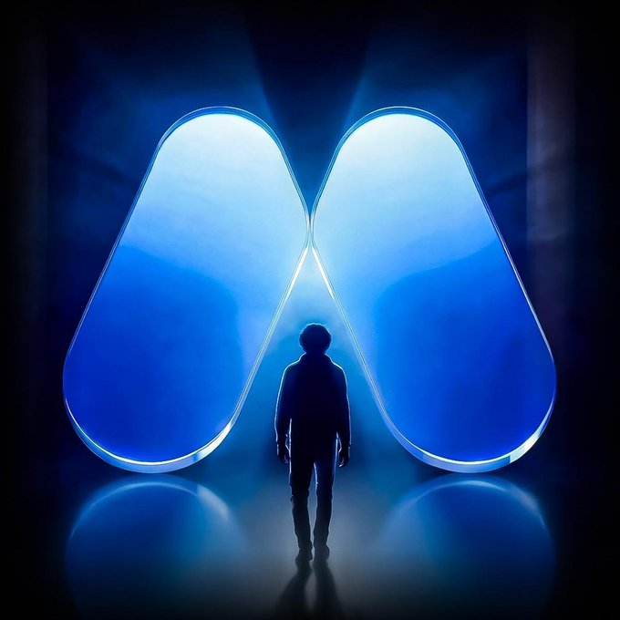 A silhouette of a person standing in a dark space facing two large, glowing blue, pill-shaped or wing-like light forms that resemble the Axie Infinity logo.