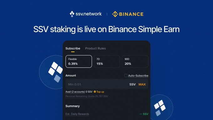 A Binance advertisement announcing that 'SSV staking is live on Binance Simple Earn,' showing flexible (0.39%), 7D (15%), and 90D (20%) product rules.