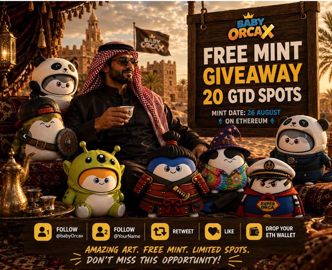 A promotional graphic for a 'BABY ORCAX FREE MINT GIVEAWAY 20 GTD SPOTS' on Ethereum (mint date: 26 August), featuring a man in traditional Arab dress surrounded by cute Baby Orca NFT plush toys.