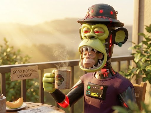 A digitally rendered image shows a humanoid monkey wearing a helmet and a green monkey mask, holding a steaming coffee mug next to a 'GOOD MORNING, UNIVERSE' sign at sunrise.