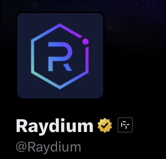 A profile card for "Raydium" (@Raydium) featuring a hexagonal logo with stylized "Ri" lettering in blue and purple gradient, displayed alongside a gold verification badge and a trading indicator, linking to their Solana-based exchange partnership with Frontier.