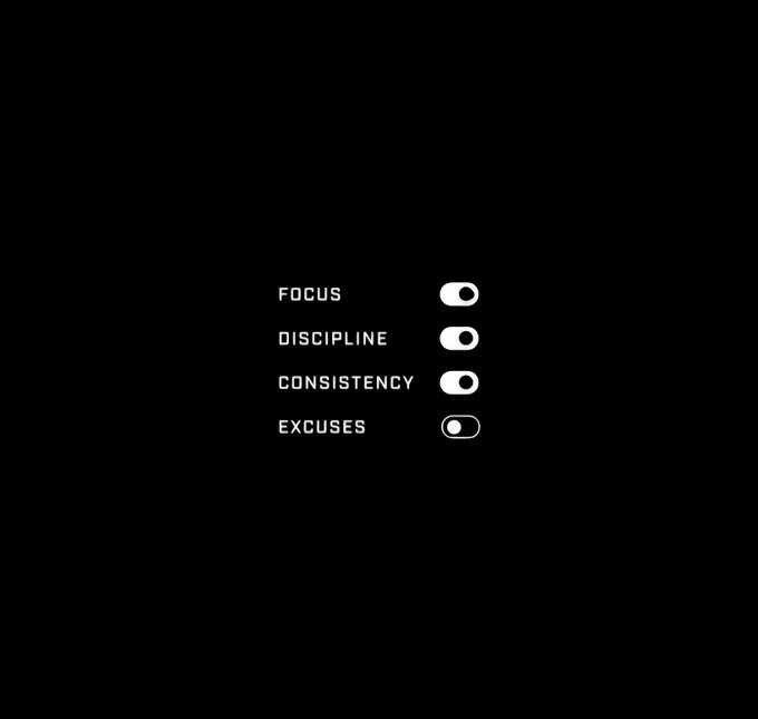 A minimalist black graphic displays toggles for "FOCUS," "DISCIPLINE," and "CONSISTENCY" turned on, while "EXCUSES" is switched off—visually reinforcing the motivational message to start the day with productivity and positivity.