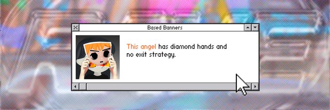 A retro Windows-style pop-up window titled "Based Banners" features a cartoon angel character alongside the text "This angel has diamond hands and no exit strategy," with a cursor hovering over the bottom scrollbar. The image humorously ties into the wallet submission announcement for Based Angels holders, using the "diamond hands" crypto meme to emphasize long-term commitment to the project.