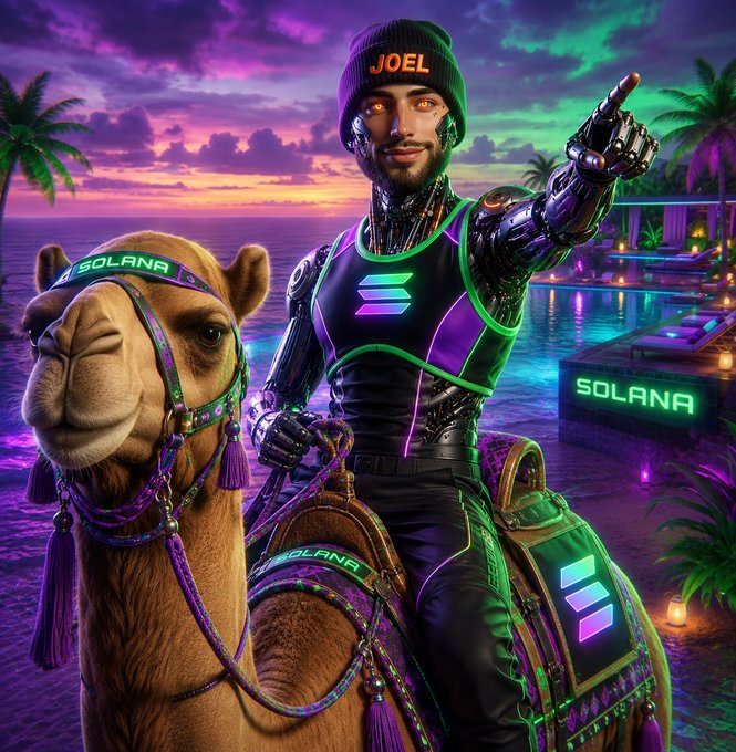 A cybernetic humanoid wearing a beanie labeled "JOEL" and a Solana-branded vest rides a camel adorned with "SOLANA" regalia, pointing toward a neon-lit resort at sunset, perfectly capturing the upbeat "GM fam happy Humpday" crypto vibe.