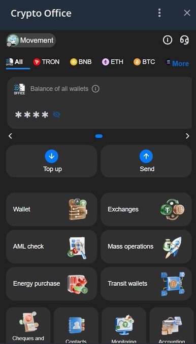 The image shows an app called "Crypto Office" with various icons representing different features or services, such as transactions, energy purchases, and checks. The main focus of the image is a payment icon that reads "@officeappteam". This indicates that the app is designed for people who receive payments through web2 or web3 platforms like Bitcoin Cash, Ethereum, Ripple, or others. The post suggests that users should be cautious about the money they received recently because it may not have been processed yet and could potentially be a scam.