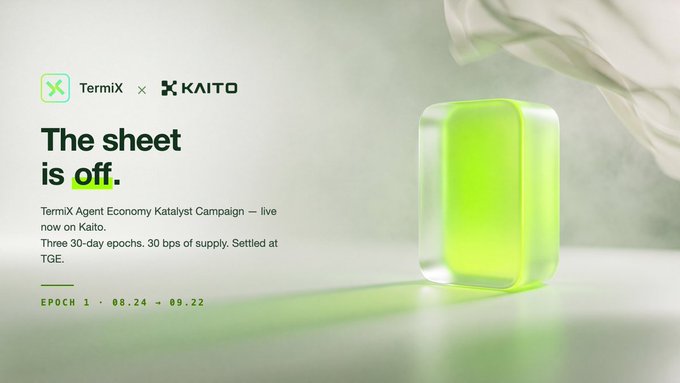 A promotional graphic featuring 'TermiX x KAITO' with the headline 'The sheet is off.' describing the 'TermiX Agent Economy Katalyst Campaign — live now on Kaito,' noting 'Three 30-day epochs. 30 bps of supply. Settled at TGE.' and 'EPOCH 1 · 08.24 → 09.22'.