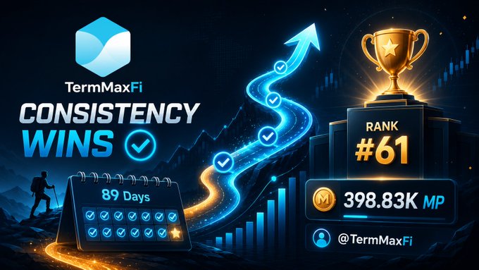 A promotional graphic for 'TermMaxFi' features the slogan 'CONSISTENCY WINS' alongside a trophy showing Rank #61, 398.83K MP, and an 89-day calendar tracker.