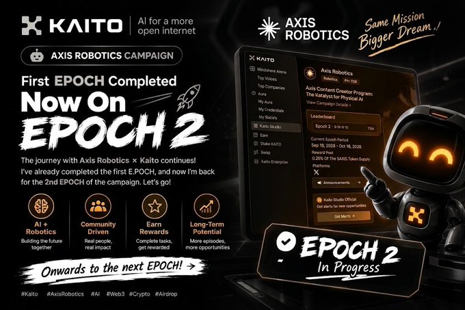 Banner for the Kaito × Axis Robotics campaign announcing "First EPOCH Completed" and "Now On EPOCH 2," highlighting benefits like "AI + Robotics" and "Community Driven," with a robot mascot and a screen showing "Epoch 2 In Progress."