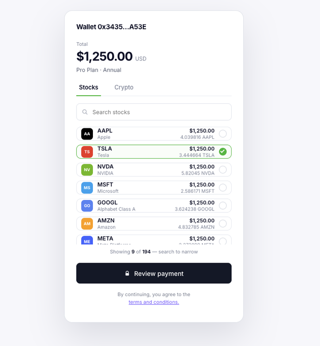 A crypto wallet payment screen for wallet 0x3435...A53E showing a total of $1,250.00 USD for a Pro Plan Annual subscription, with TSLA selected for payment.