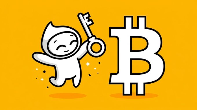 A cartoon character holding a Bitcoin key stands next to a large Bitcoin symbol on a yellow background, suggesting crypto-related content.