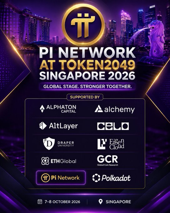 A promotional poster for 'PI NETWORK AT TOKEN2049 SINGAPORE 2026' with the tagline 'GLOBAL STAGE. STRONGER TOGETHER,' featuring the Singapore skyline and Merlion, supported by sponsors including Alphaton Capital, Alchemy, AltLayer, Celo, Draper University, Eigen Cloud, ETHGlobal, GCR, Polkadot, and Pi Network, scheduled for 7-8 October 2026.