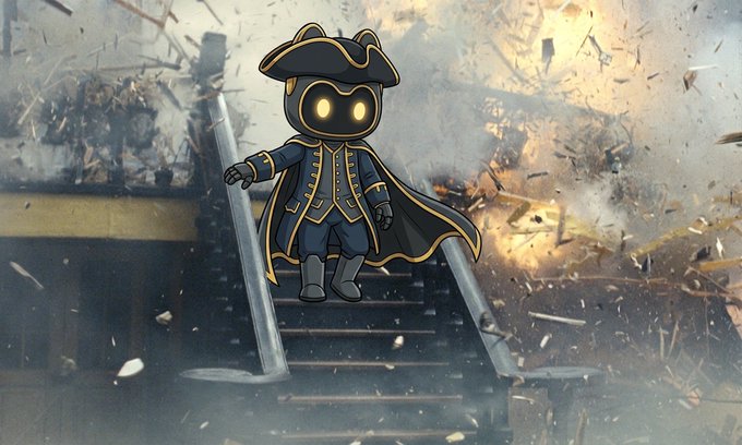 A small cartoonish robot pirate character with glowing yellow eyes, a tricorn hat, and an ornate coat stands on a staircase amid exploding debris.