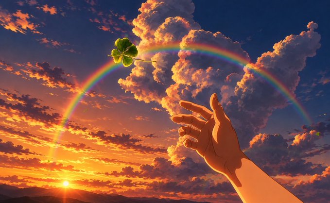 An anime-style illustration showing a hand reaching toward a four-leaf clover floating in a rainbow against a vibrant sunset sky with dramatic clouds.