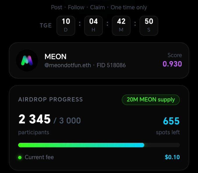 A crypto airdrop page for MEON (@meondotfun.eth) with a countdown to TGE, showing 2,345/3,000 participants and 655 spots left at a current fee of $0.10.