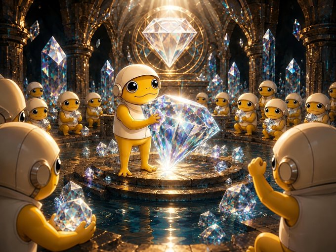 A whimsical 3D digital illustration of yellow mascot-like characters in a grand, cathedral-like hall filled with giant, sparkling diamonds.