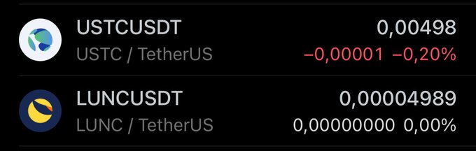 The image displays cryptocurrency price data for USTC/USDT (showing 0.00498, down 0.20%) and LUNC/USDT (showing 0.00004989, unchanged at 0.00%), likely shared by a user referencing $LUNC in their post about being "the nexus that holds the Earth upright."