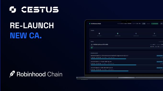 The image is a promotional graphic announcing the "RE-LAUNCH" of "CESTUS" with a "NEW CA" (contract address), featuring the Robinhood Chain logo alongside a laptop displaying an AI inference node dashboard with GPU details (NVIDIA GeForce RTX 4090) and download progress for machine learning models like DeepSpeed and FastChat. It relates to the post by visually promoting the relaunch of the Cestus project, likely tied to resolving creator fee issues with the Pons launchpad and migrating to the Robinhood Chain.
