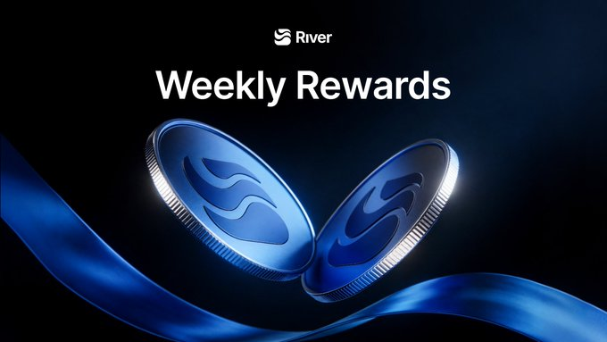 A dark-themed digital graphic for 'River Weekly Rewards' featuring two stylized blue coins with an 'S' logo resting on a flowing blue ribbon.