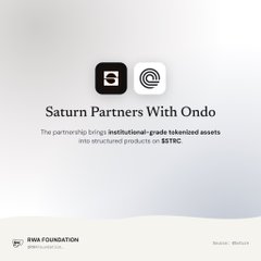 The image displays a partnership announcement featuring the Saturn and Ondo logos, with the headline "Saturn Partners With Ondo" and text explaining the collaboration brings institutional-grade tokenized assets into structured products on BSRC. This visually corresponds to the post's mention of Saturn Credit's partnership with Ondo in the RWA space.