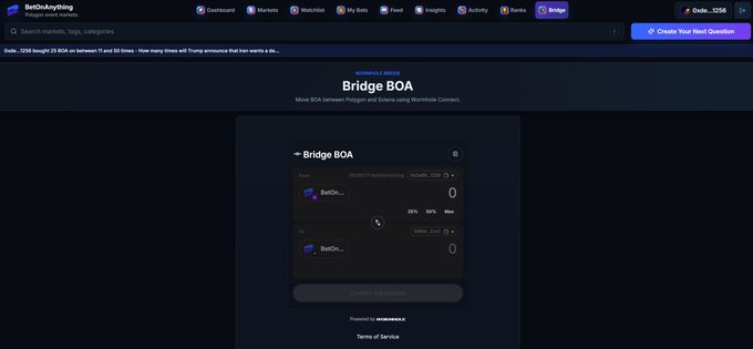 Screenshot of a DeFi platform (bridge.ink) showing a 'Bridge BOA' micro-BOA swapping interface between tokens, with navigation menu options like Dashboard, Markets, and Watchlist visible at top.
