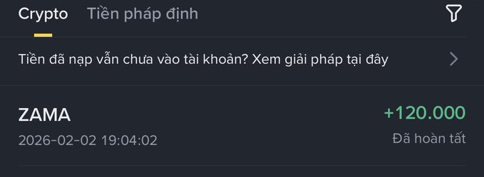 A crypto transaction interface in Vietnamese showing a deposit of +120.000 for 'ZAMA' on 2026-02-02, marked as completed ('Đã hoàn tất').
