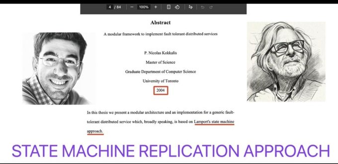 The image shows a thesis abstract by P. Nicolas Kokkalis from 2004 titled "A modular framework to implement fault tolerant distributed services," presented at the University of Toronto, highlighting his early use of Lamport's state machine approach to fault-tolerant distributed services.

This connects to the post by illustrating how Nicolas Kokkalis foresaw distributed ledger technology decades before blockchain existed, with his 2004 thesis predating NIST's later formal recognition of the state machine as foundational to distributed ledger systems.