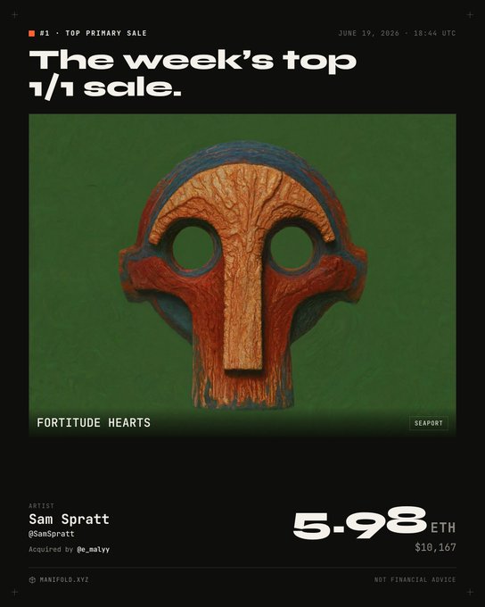 The image features a wooden mask with an orange face, which appears to be a sculpture or art piece. The mask is displayed prominently against a green background, drawing attention to its unique design. Below the mask, there's text that reads "The Week's Top 1/1 Sale." This suggests that the mask might be on sale for one dollar at this time.