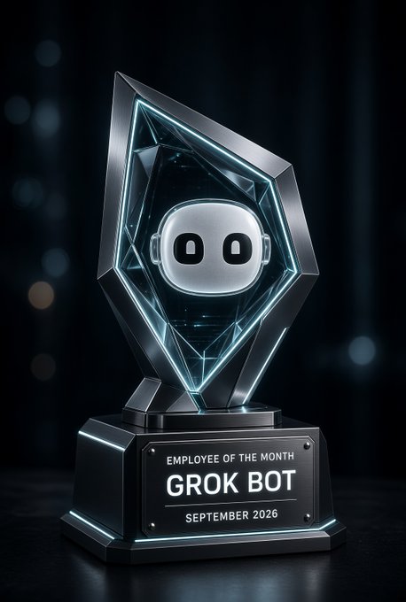 A futuristic black and silver trophy with a robot head inside a glowing geometric crystal, inscribed 'EMPLOYEE OF THE MONTH GROK BOT SEPTEMBER 2026'.