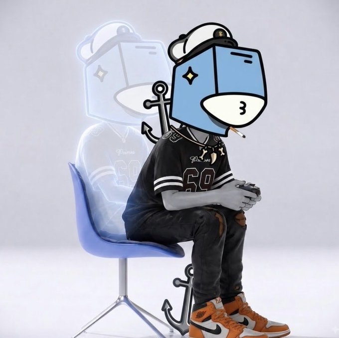 A 3D-style character with a blue box-shaped head wearing a cap, jersey number 60, gold chains, and orange sneakers, sitting on a chair and holding a game controller.