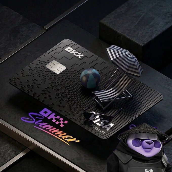 A 3D-rendered promotional image showing a black OKX Visa Platinum credit card with a metallic chip and card design, featuring 'OKX Summer' text in gradient styling, alongside a small purple panda mascot character wearing a conical hat in the bottom right corner.
