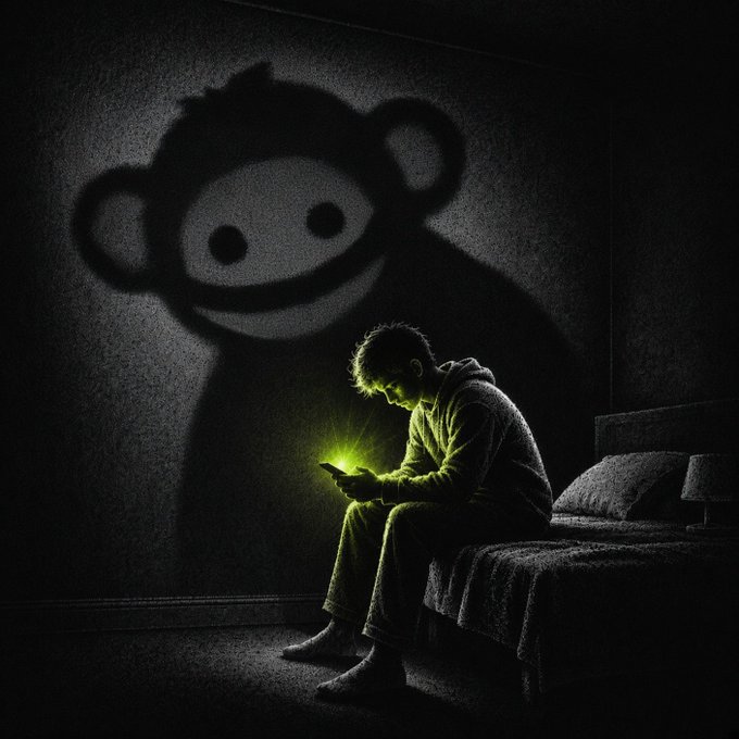A black-and-white illustration of a person sitting on a bed illuminated by a phone screen, with a large menacing monkey shadow looming on the wall behind them.