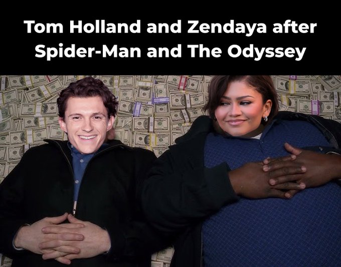 The meme shows Tom Holland and Zendaya photoshopped with exaggerated, large hands resting on their stomachs in front of a wall of dollar bills, captioned "Tom Holland and Zendaya after Spider-Man and The Odyssey."

It humorously relates to the post's theme of costly crypto mistakes by depicting the wealthy actors comfortably sitting on piles of cash after their big projects, contrasting with the user's experience losing money on failed testnet bridges.