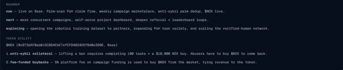 Text describing a Base ecosystem roadmap including live Base features, Palo-scan PoH claim flow, token utility for $BOX with anti-sybil collateral and fee-funded buybacks.