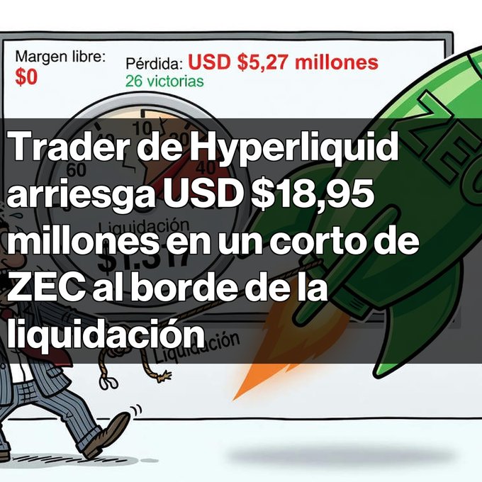 A Spanish-language graphic about a Hyperliquid trader risking USD $18.95 million on a ZEC short near liquidation, showing a $5.27 million loss with 26 wins, illustrated with a rocket and a running figure.