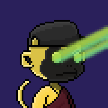 A pixel art character with a black helmet and glowing green laser beams shooting from its eyes appears against a dark purple background. The image's cyberpunk aesthetic ties into the celebratory NFT pull mentioned in the post, with the intense green lasers symbolizing the excitement of scoring a rare "gold" Monkeyhood NFT.