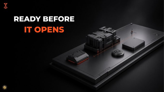 Promotional graphic with the text 'READY BEFORE IT OPENS' next to a 3D render of a sleek, dark electronic component.