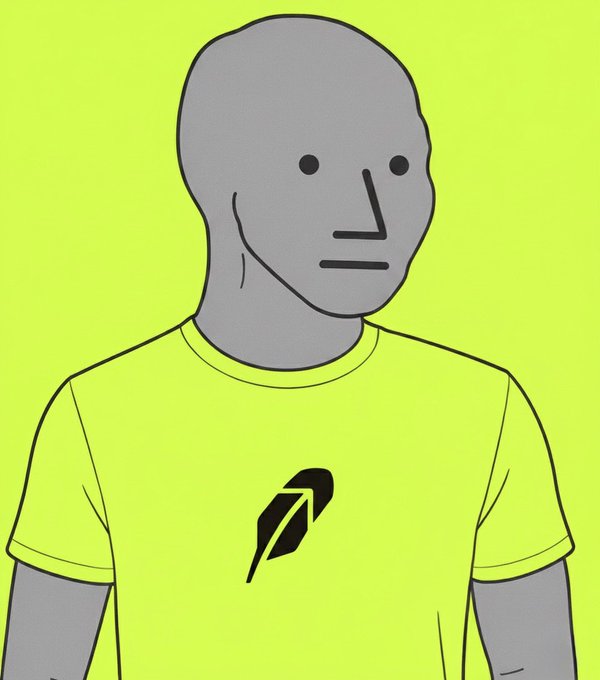 A minimalist illustration shows a faceless gray figure wearing a neon yellow t-shirt emblazoned with the Non-Playable Coin ($NPC) feather logo, visually representing the meme coin's pitch to Robinhood for an official listing.