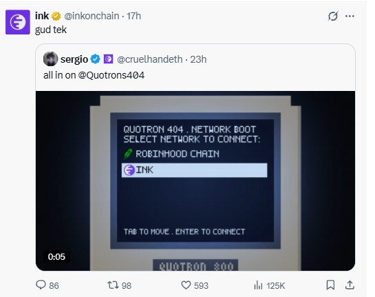 A screenshot of an X (Twitter) post from user @inkonchain replying "gud tek" to @cruelhandeth's post featuring a Quotron 404 interface showing network boot options for "ROBINHOOD CHAIN" and "INK" with the instruction "TAB TO MOVE . ENTER TO CONNECT".