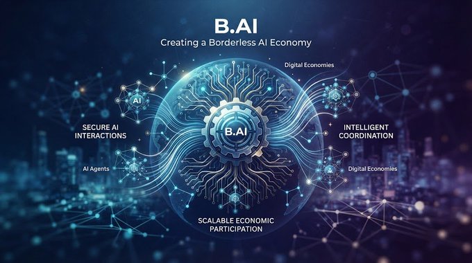 A futuristic graphic titled 'B.AI - Creating a Borderless AI Economy' features a glowing brain-circuit design with labels for 'SECURE AI INTERACTIONS,' 'AI AGENTS,' 'DIGITAL ECONOMIES,' 'INTELLIGENT COORDINATION,' and 'SCALABLE ECONOMIC PARTICIPATION.'