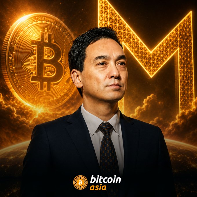 A man in a dark suit against a golden background featuring a large Bitcoin coin, a glowing 'M' logo, and the 'bitcoin asia' watermark.